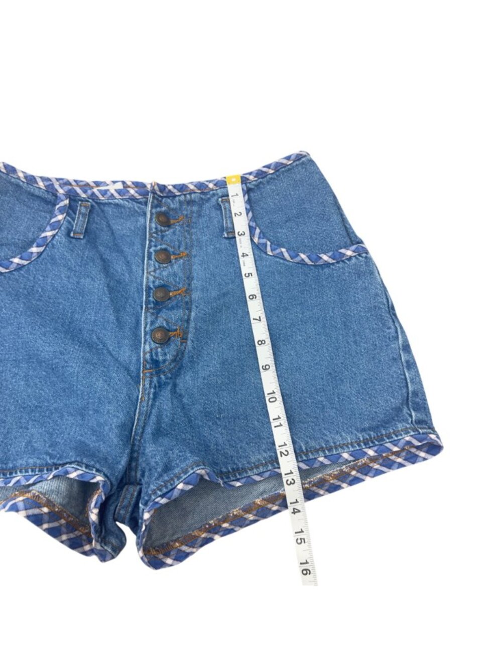 Vintage Retro High-Waisted Denim Shorts With Plaid Trim & Button Fly -Size 11/12 - Picture 8 of 11